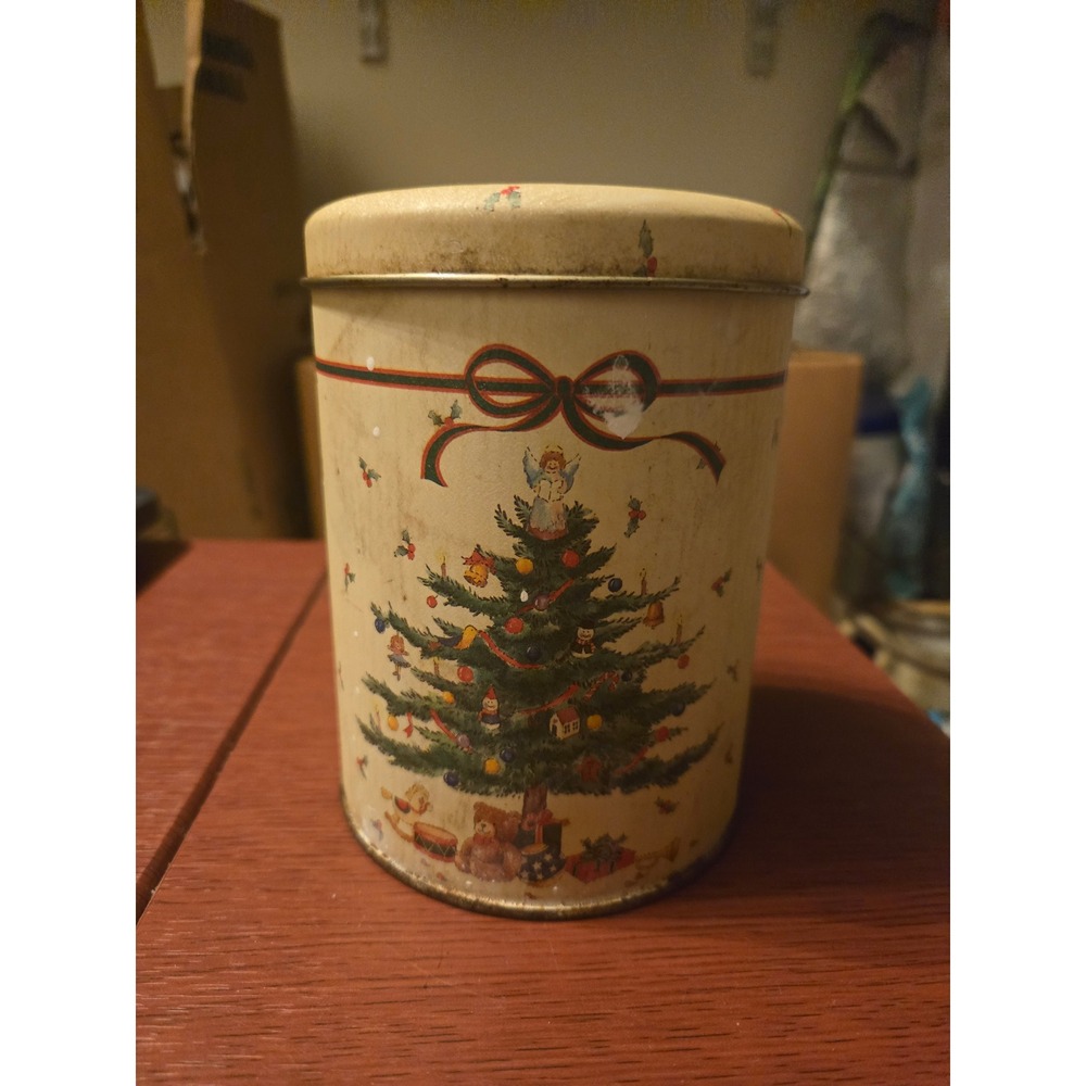 Vintage Christmas Tree Metal Tin Holiday Storage Container Cream Holly Decor